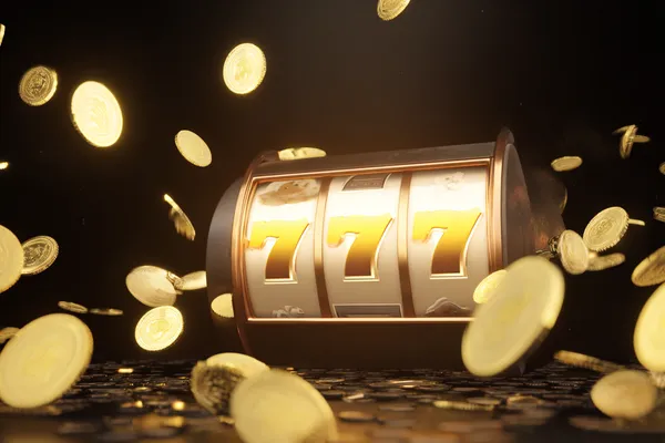 A dramatic shot of winning sevens landing on a slot reel surrounded by shining gold coins, symbolizing big wins.